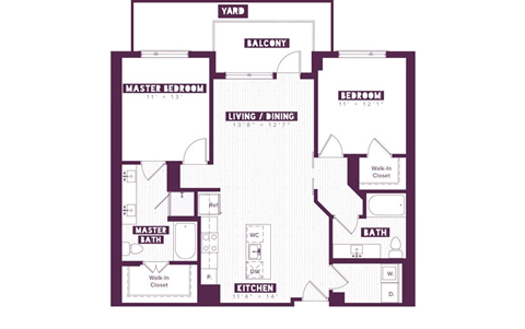 Floor plan for 2 beds, 2 baths, 1124 sqft